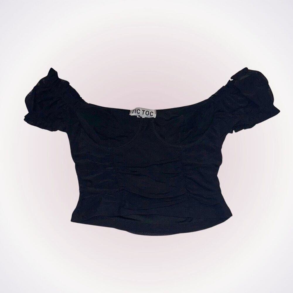 Tic Toc Black Off-the-Shoulder Mesh Corset Cropped Top | Sz S